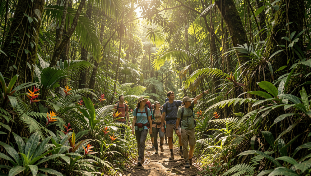 Guided trekking tour in Chiang Mai jungle with hikers exploring lush Northern Thailand trail